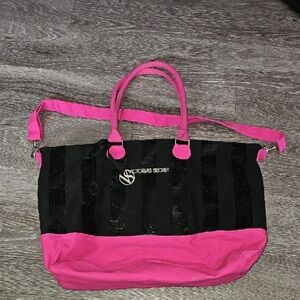 Victoria's Secret Large Zippered Pink and Black Tote Bag  (Sequins)